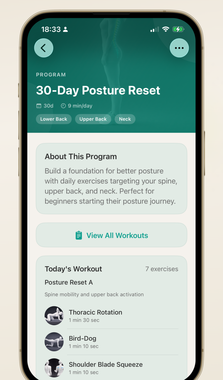The 30-Day Posture Reset program screen showing today's workout and its exercises