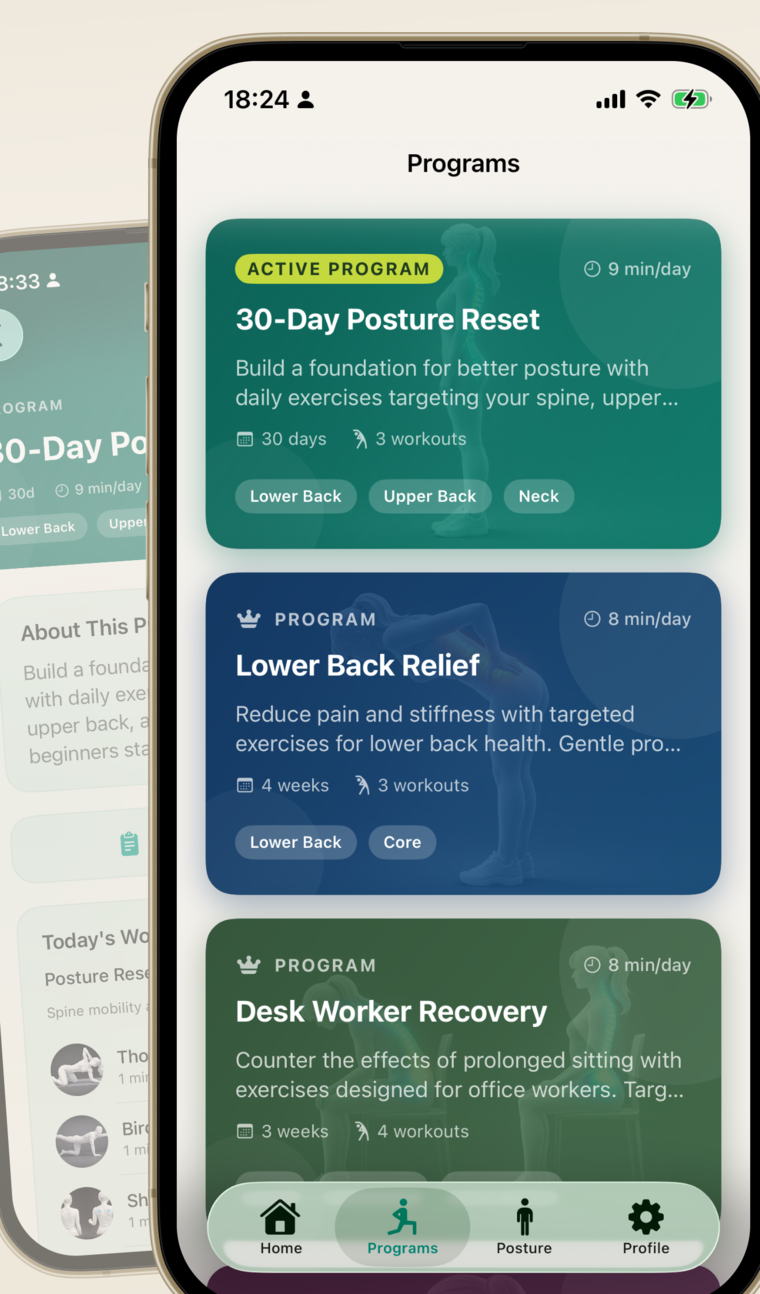 The programs list in Posture Fix showing 30-Day Posture Reset, Lower Back Relief and Desk Worker Recovery